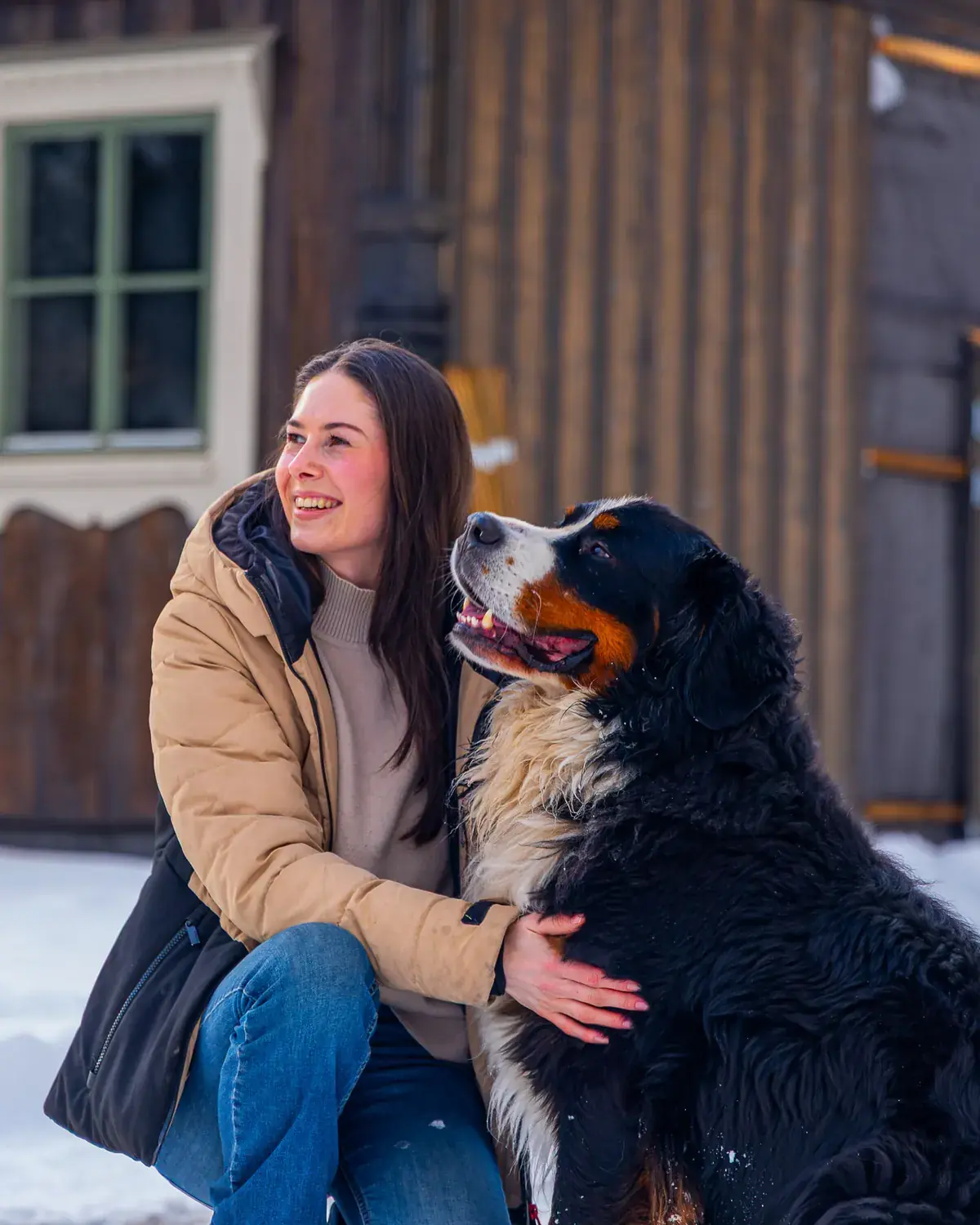 Carina Knutsen sitter i snøen med berner sennenhunden sin foran et gammelt tømmerhus